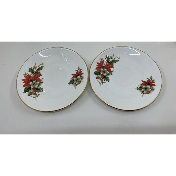 Sadler Wellington Bone China Poinsettia Tea Cups & Saucers Set of 2 Holiday - Picture 2 of 10